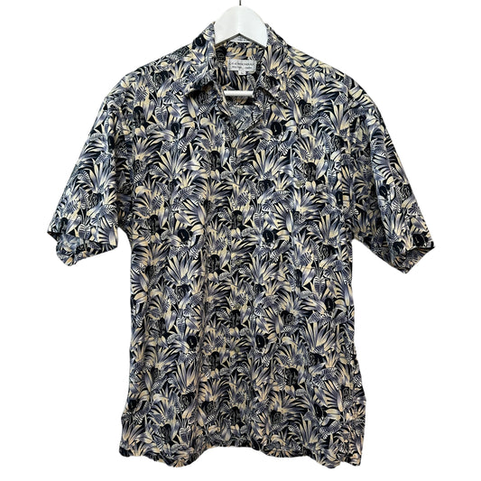 Short Sleeve Button Down Collared Shirt Tropical Print Elephants Cotton Large
