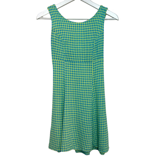 Vintage 90s Blondie and Me Lime Green and Blue Gingham Mini Dress Tie Back XS