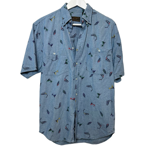 Vintage 90s Eddie Bauer Short Sleeve Button Down Shirt Fishing Print Chambray Small