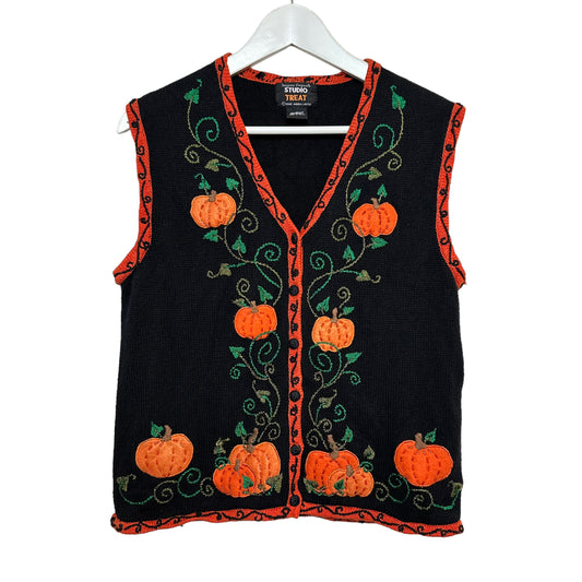 Halloween Pumpkin Sweater Vest Studio Treat Embroidered Black Orange Medium