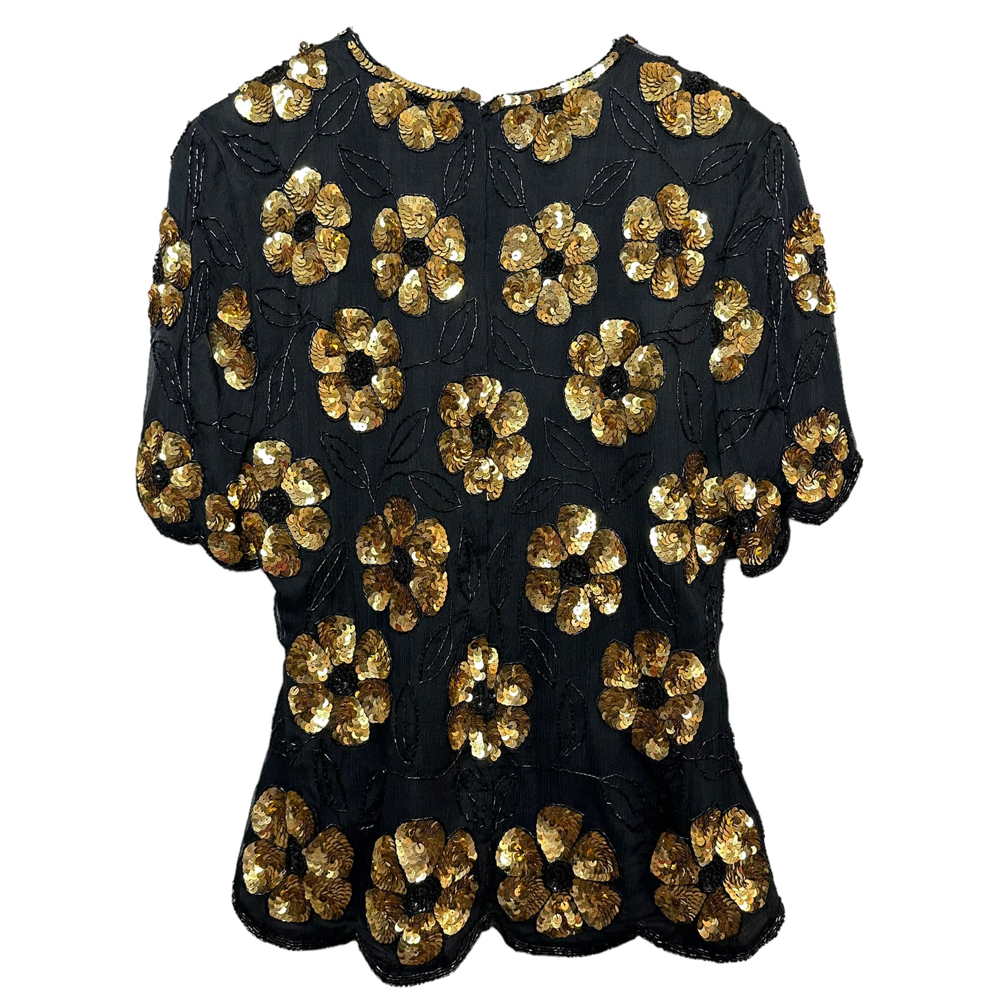 Vintage 80s Stenay Silk Sequin Blouse Evening Top Black Fold Flowers Medium