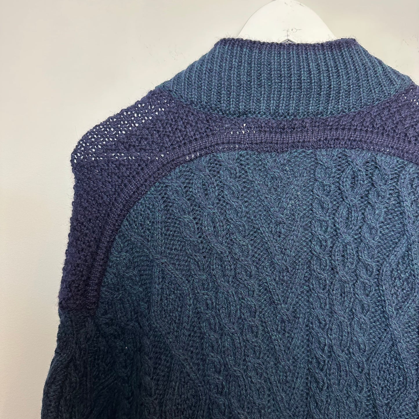 Aran Crafts Ireland 100% Merino Wool Cardigan Sweater Blue Chunky Knit XL