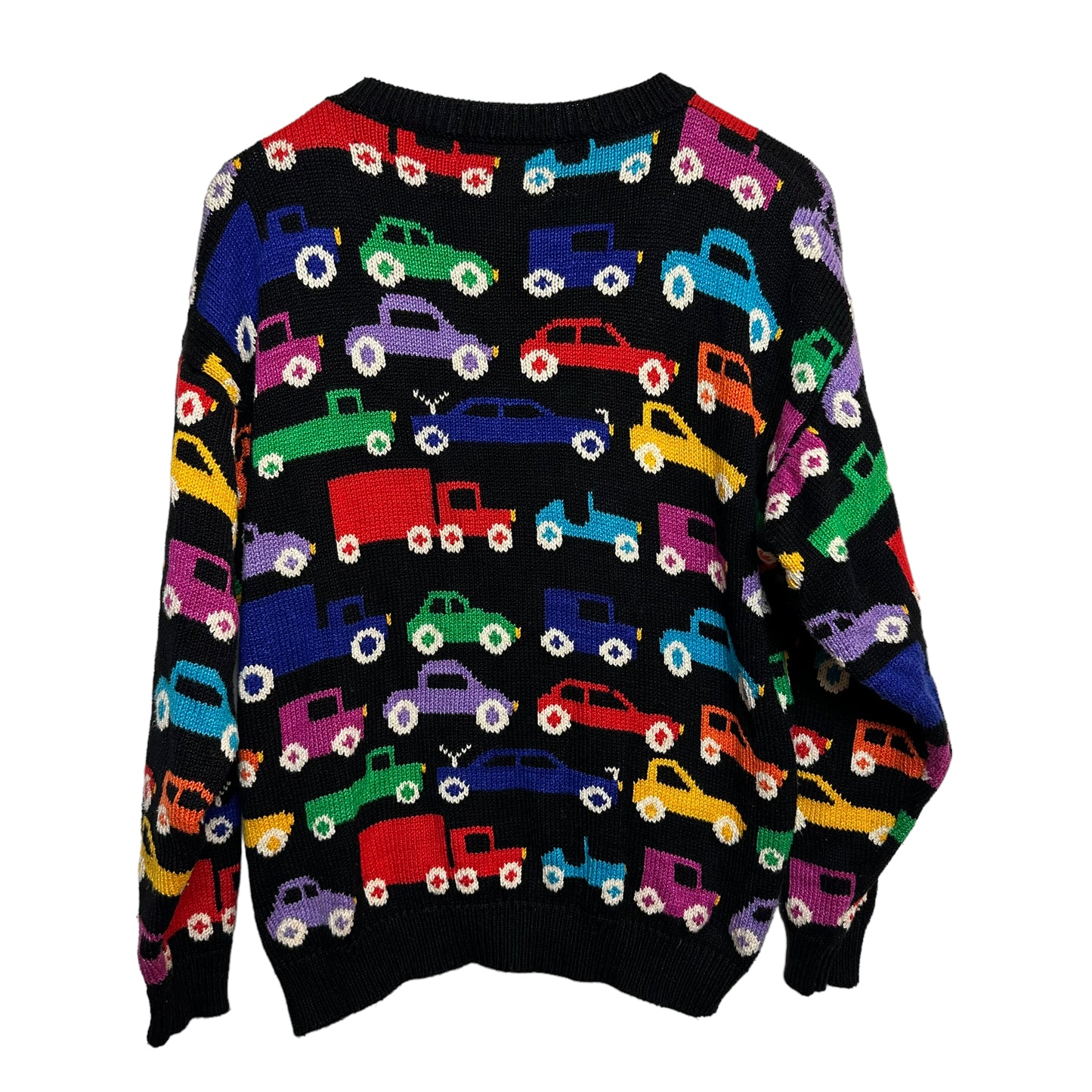 Vintage 90s Christine Foley Cars Cardigan Sweater Colorful Rainbow Chunky Knit