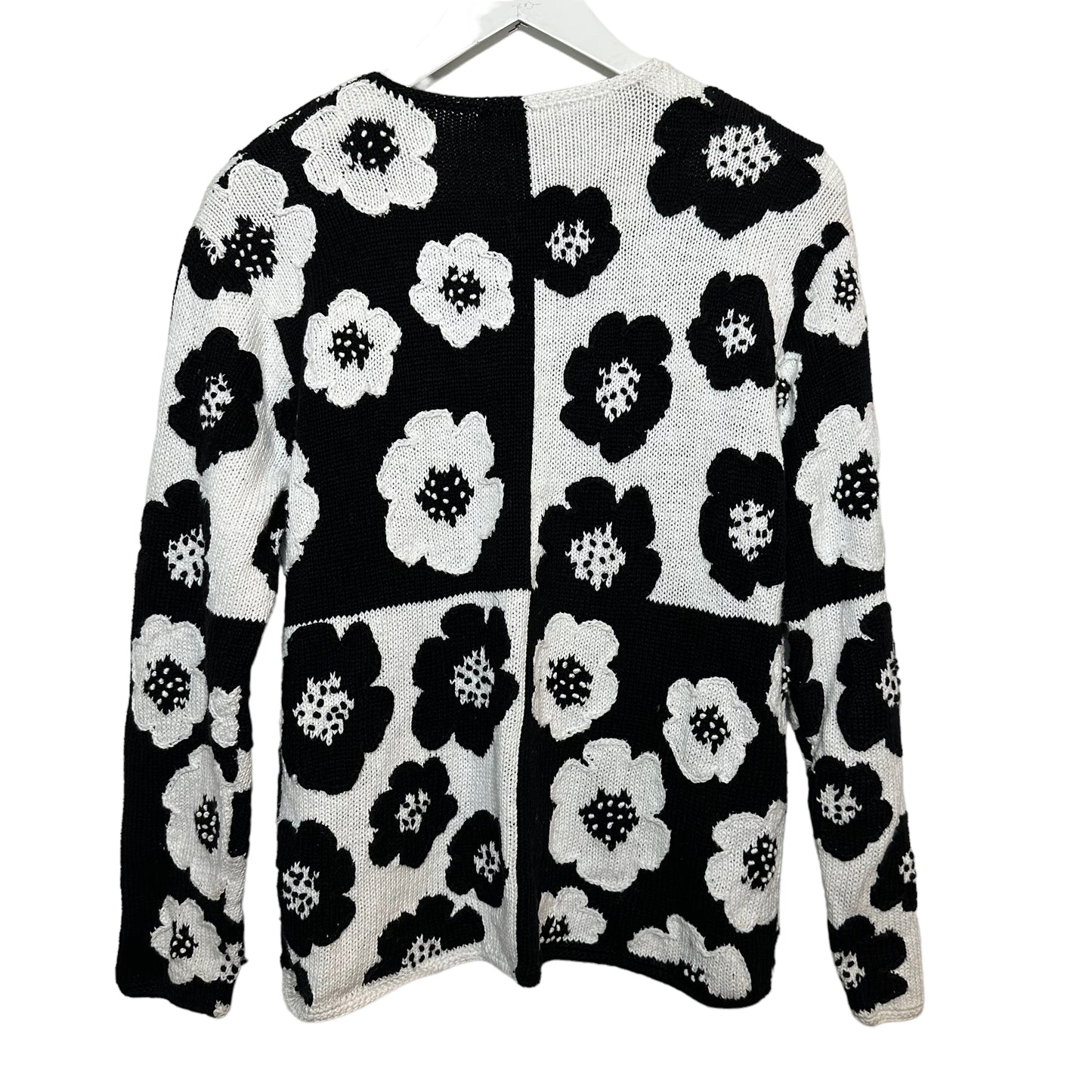 Vintage 90s Talbots Black and White Floral Color Block Cardigan Sweater Hand Knit Medium
