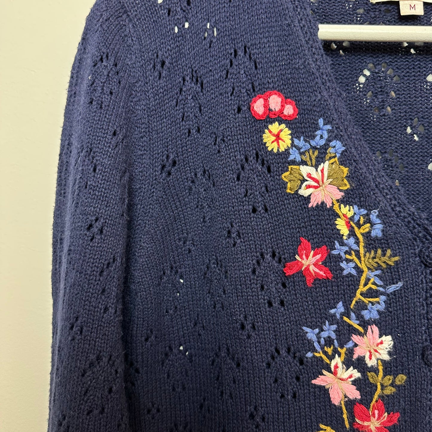 Vintage 90s Susan Bristol Navy Blue Cardigan Sweater Embroidered Flowers Medium