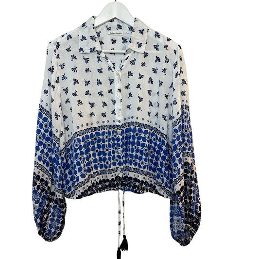 Roller Rabbit Caleb Top Blue Marble White Long Sleeve Collared Button Medium