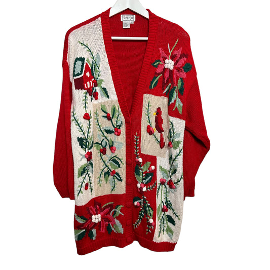 Vintage 90s Jen - Ju Christmas Cardigan Sweater Poinsettia Holly Cardinal Large