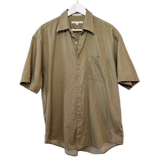 Retro Style Perry Ellis Geometric Pattern Short Sleeve Button Down Collared Shirt Cotton Beige Large