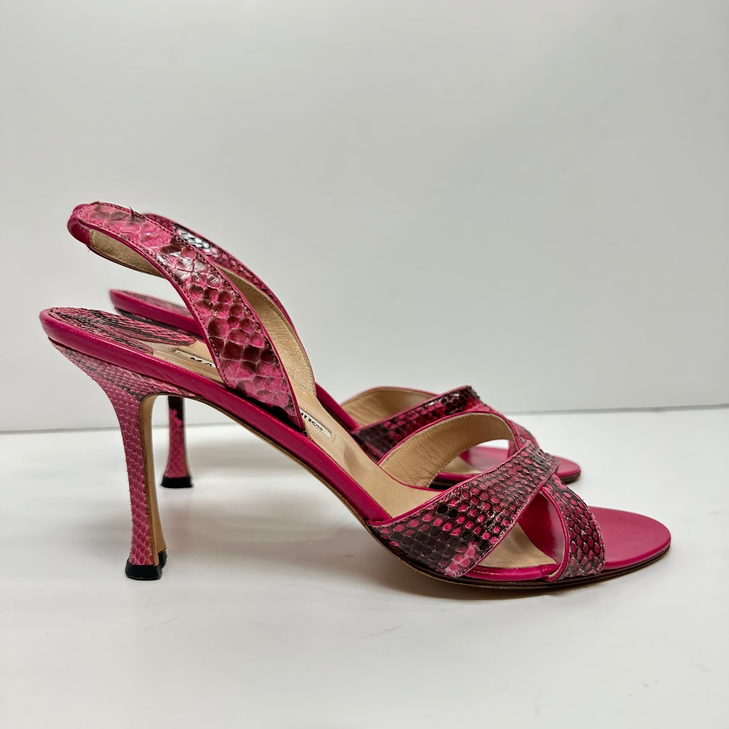 Manolo Blahnik Callasli Pink Slingback Sandal Heels Snakeskin Animal Print 39