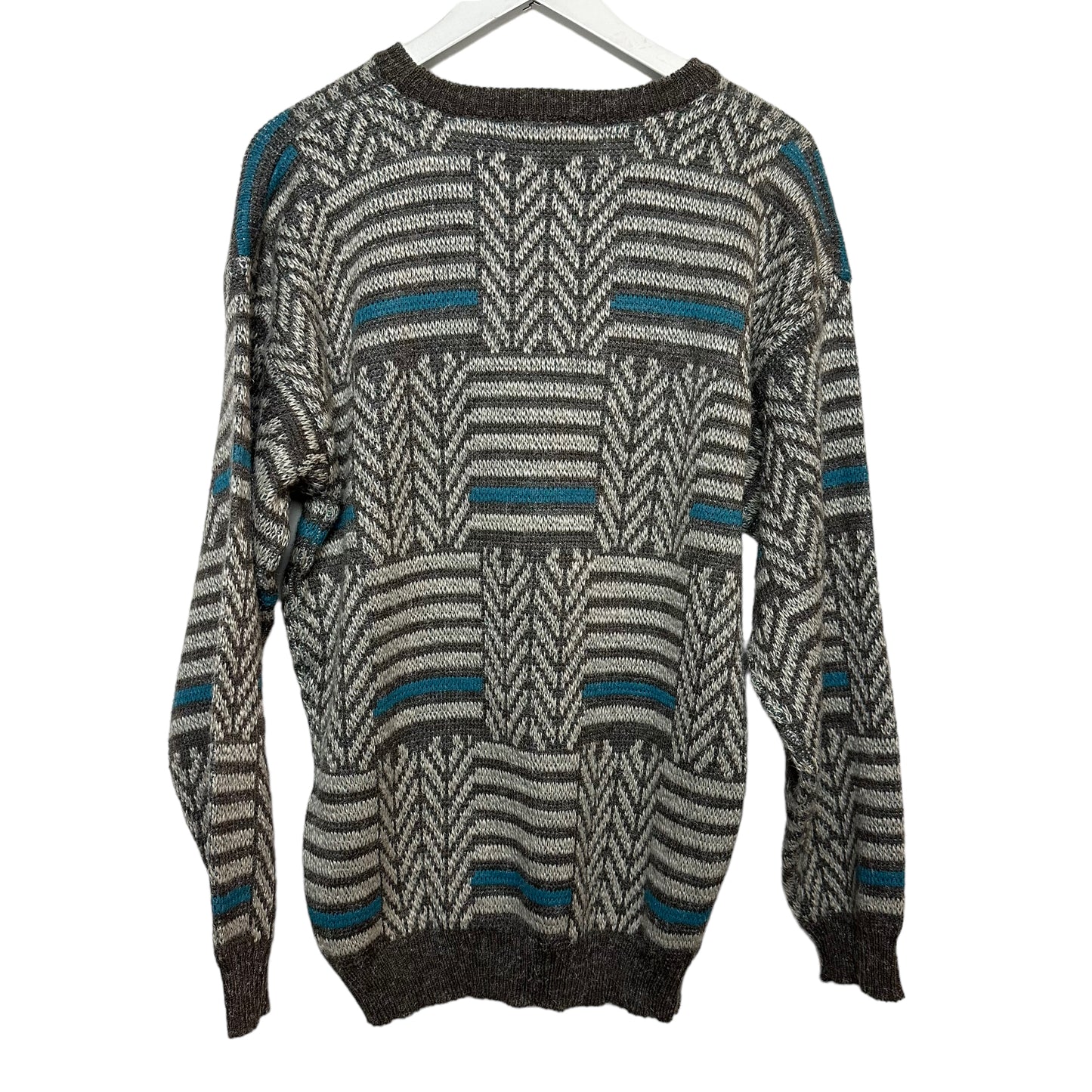Vintage 90s Zeppelin Chunk Knit Grandpa Sweater Geometric Pattern Gray Blue Medium