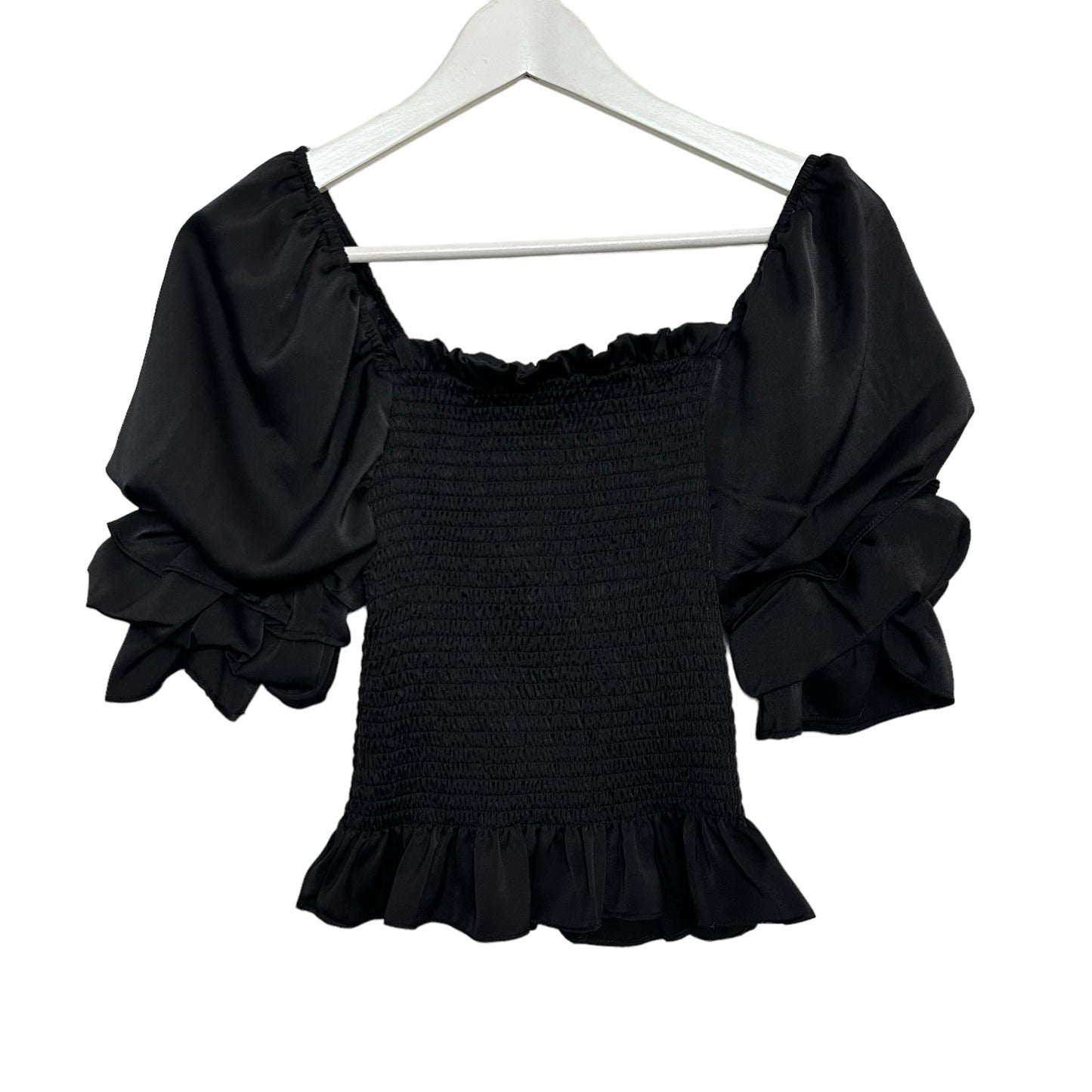 DO+BE Black Satin Top Smocked Puff Sleeve Cropped Small