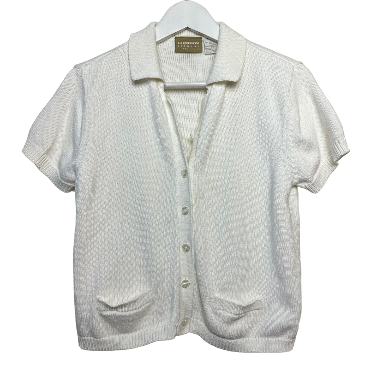 Vintage Liz Claiborne Knit Polo Sweater Cardigan Cropped White Small Petite