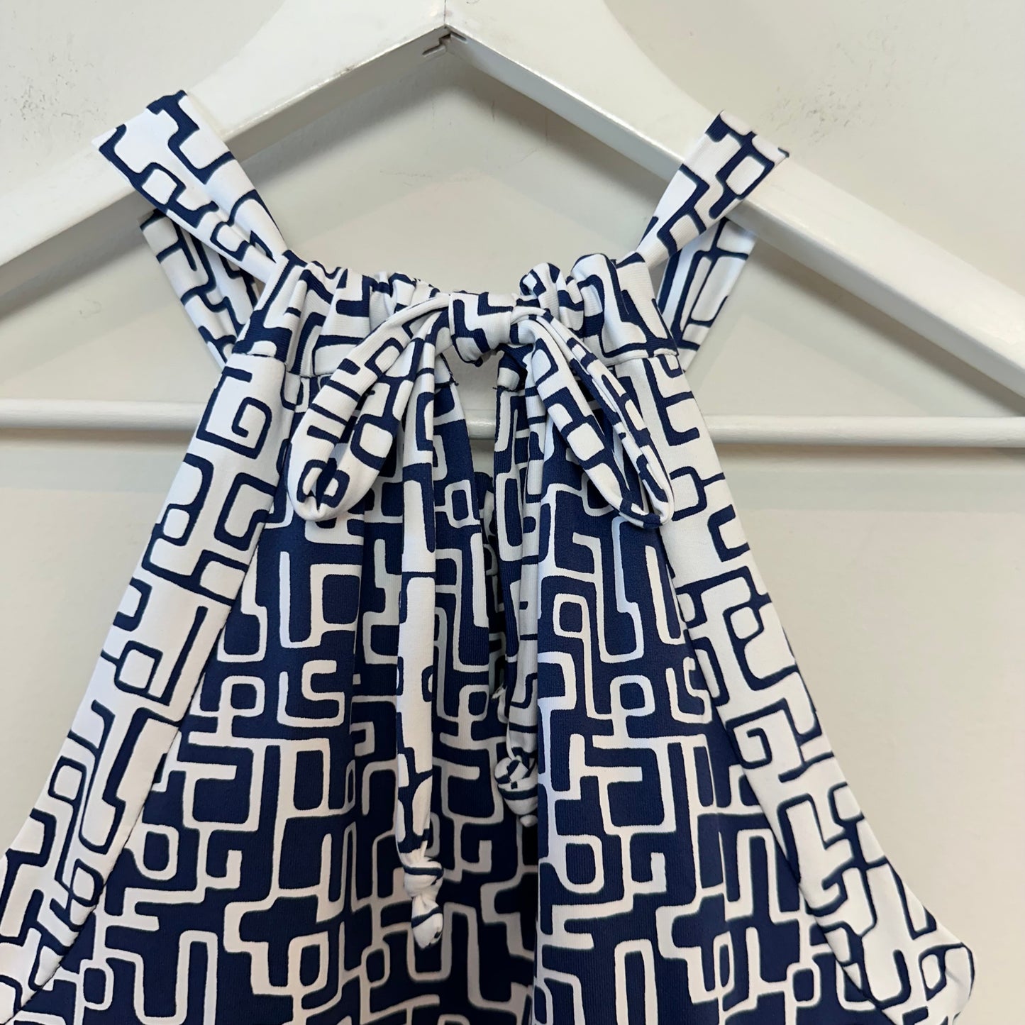 J. McLaughlin Ellin Halter Dress Catalina Cloth Blue White Geometric Print Small