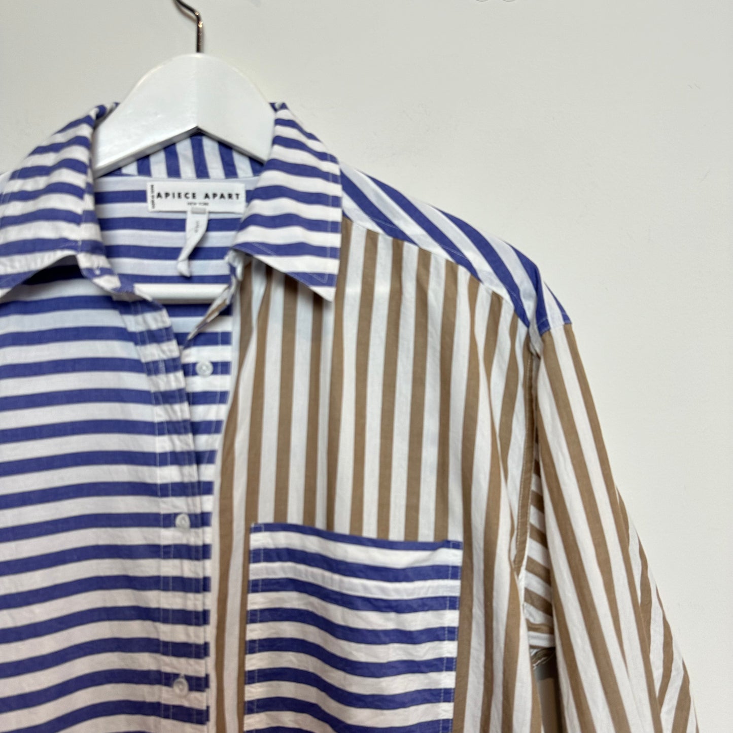 Apiece Apart Oversized Button Down Shirt Tan and Blue Stripes Color Block XS