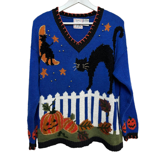 Vintage 90s Spice of Life Halloween Sweater Chunky Knit Pumpkin Cats Witches Medium
