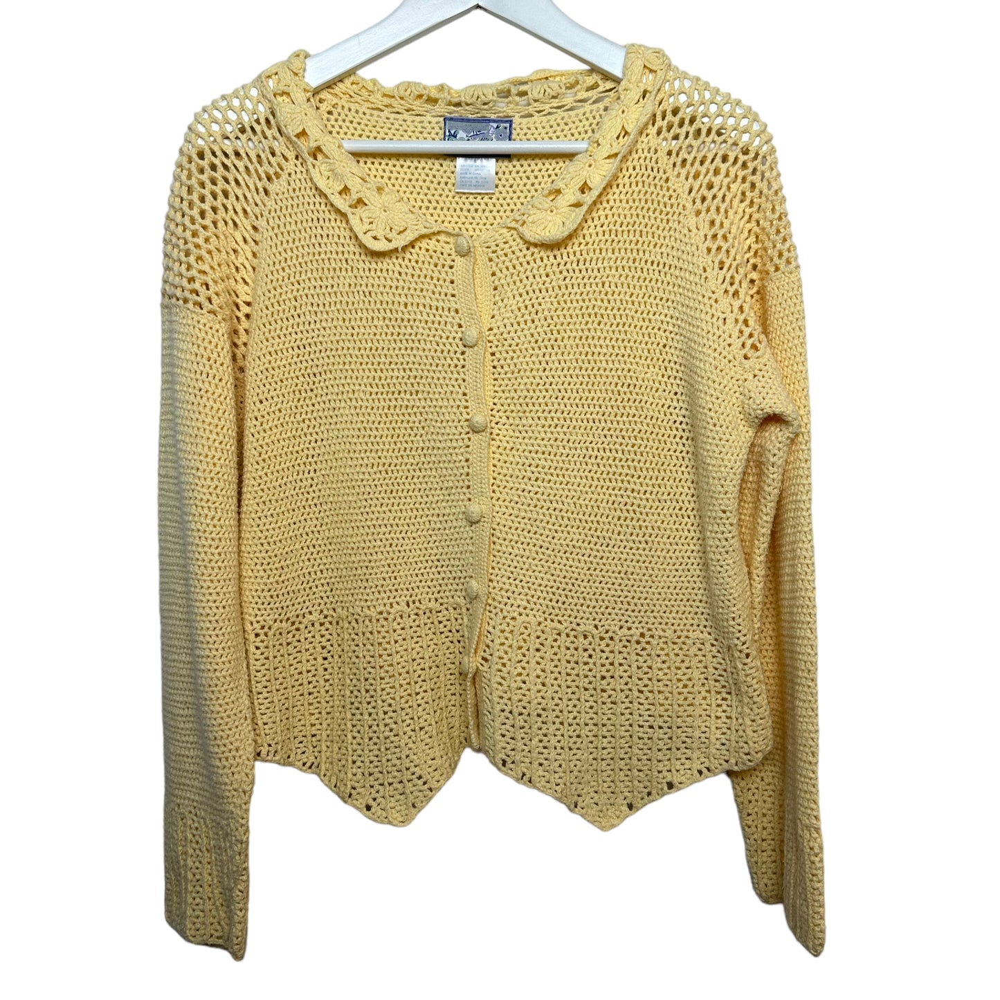 Vintage 90s April Cornell Collared Cardigan Sweater Yellow Crochet Large