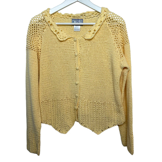 Vintage 90s April Cornell Collared Cardigan Sweater Yellow Crochet Large