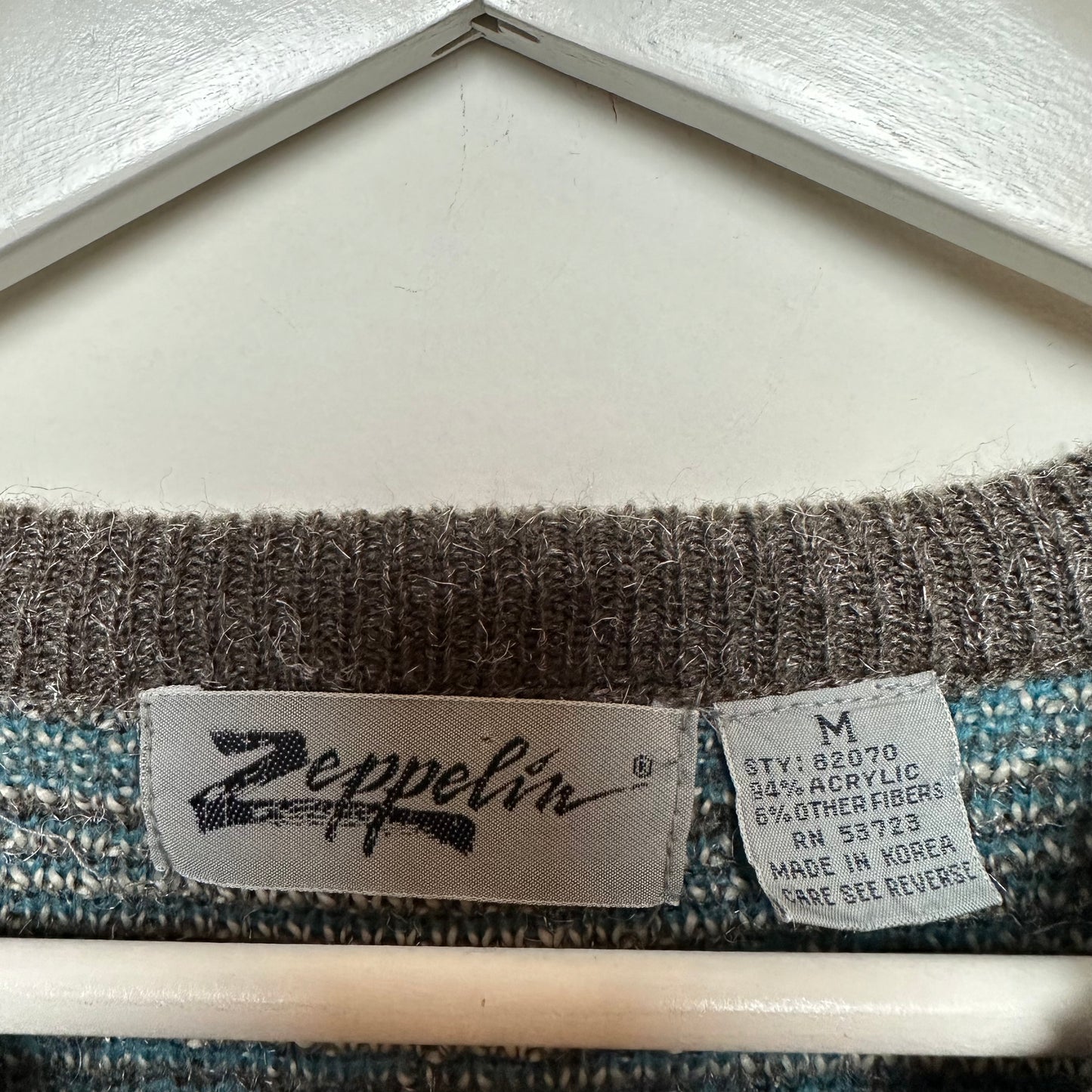 Vintage 90s Zeppelin Chunk Knit Grandpa Sweater Geometric Pattern Gray Blue Medium