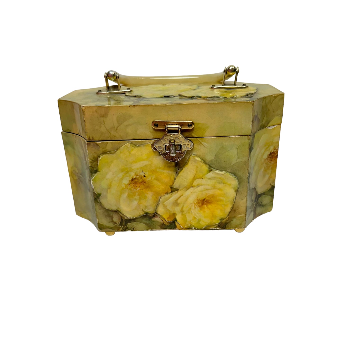 Vintage 70s Wooden Box Bag Yellow Floral Decoupage