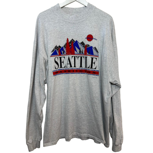 Vintage Seattle Washington T-Shirt by Cotton Deluxe Long Sleeve Grey Mockneck Made in the USA 2X