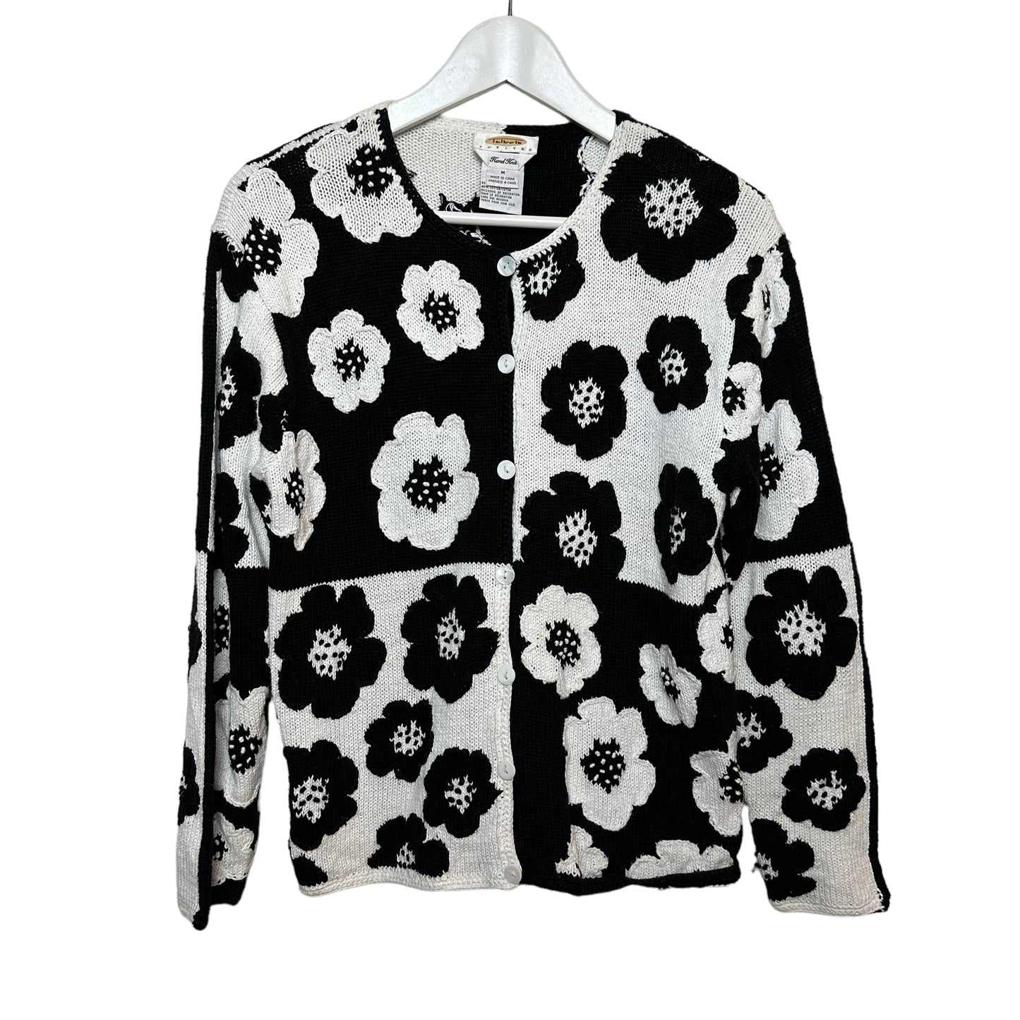 Vintage 90s Talbots Black and White Floral Color Block Cardigan Sweater Hand Knit Medium