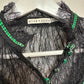 Alice + Olivia Clarice Illusion Yoke Blouse Green Black High Neck Floral Small