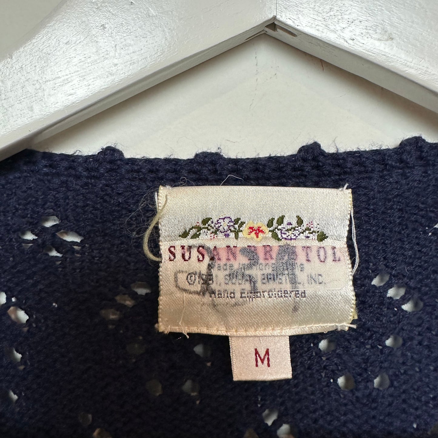 Vintage 90s Susan Bristol Navy Blue Cardigan Sweater Embroidered Flowers Medium