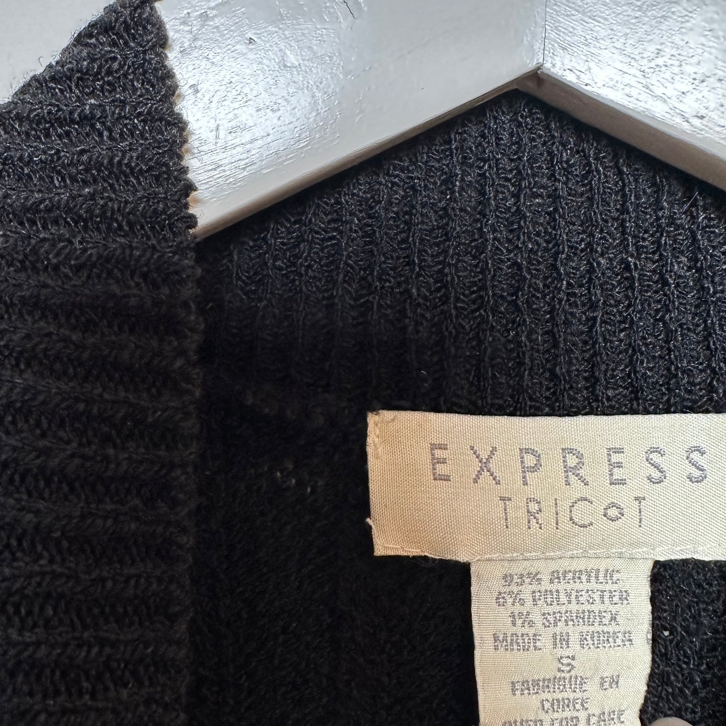 Vintage 90s Express Ribbed Knit Cropped Sweater Top Mock Neck Striped Black Small