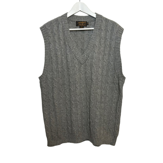 Vintage Eddie Bauer Cable Knit Sweater Vest Gray V Neck 100% Lambswool XL Tall