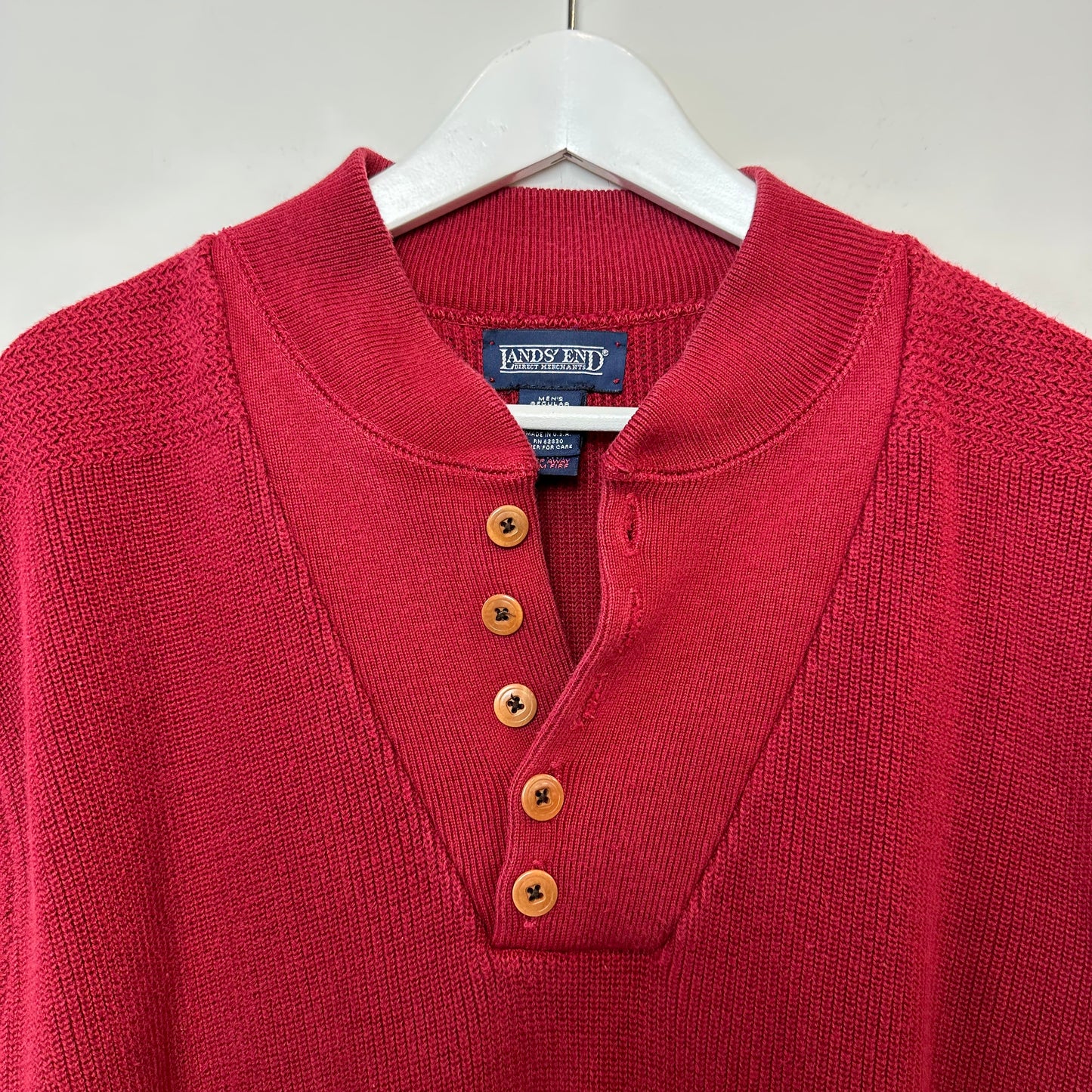 Vintage 90s Land's End Red Henley Sweater Knit Pullover Grandpa Cotton Large