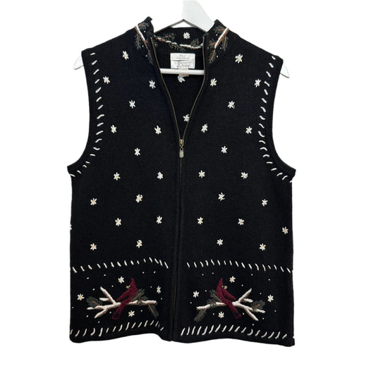 Christopher & Banks Sweater Vest Cardinals Hand Embroidered Black Burgundy Zip M