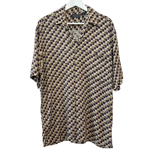 Retro Style Van Heusen Checkered Print Short Sleeve Button Down Collared Shirt Rayon Medium
