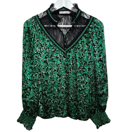 Alice + Olivia Clarice Illusion Yoke Blouse Green Black High Neck Floral Small