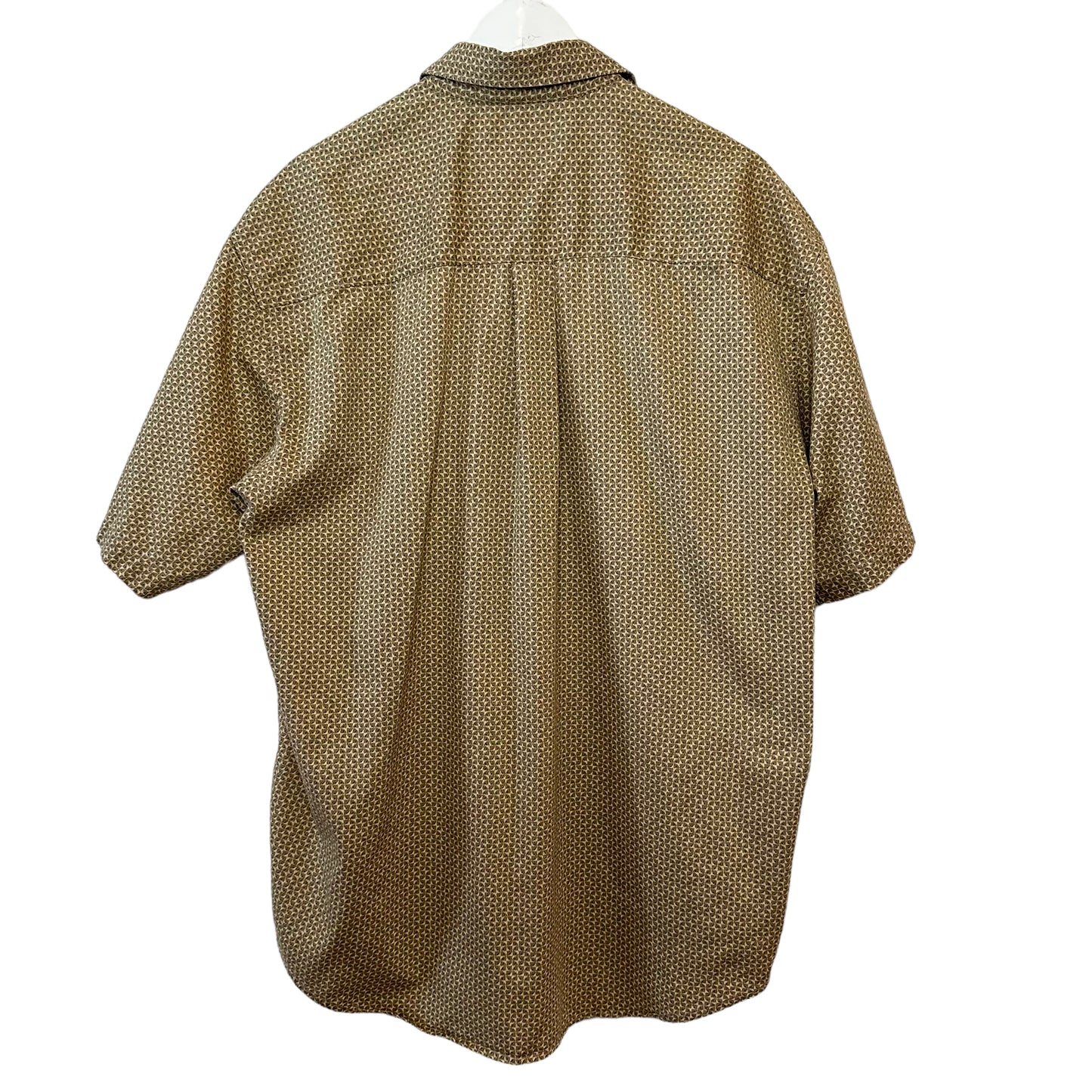 Retro Style Perry Ellis Geometric Pattern Short Sleeve Button Down Collared Shirt Cotton Beige Large