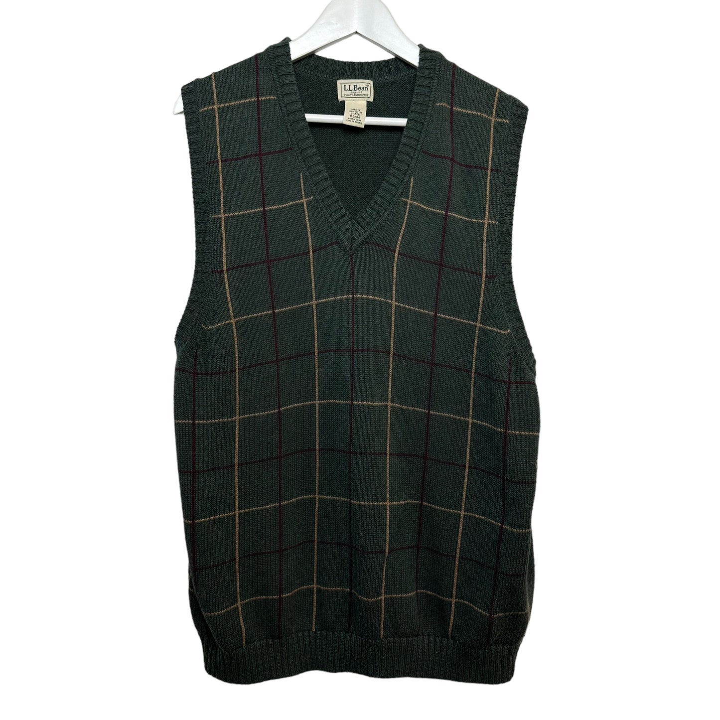 Vintage L.L. Bean Forest Green Plaid Sweater Vest Cotton Large