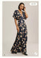 BHLDN Leila Deep V Flutter Sleeve Satin A Line Gown Floral Navy 8