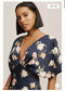 BHLDN Leila Deep V Flutter Sleeve Satin A Line Gown Floral Navy 8