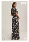 BHLDN Leila Deep V Flutter Sleeve Satin A Line Gown Floral Navy 8