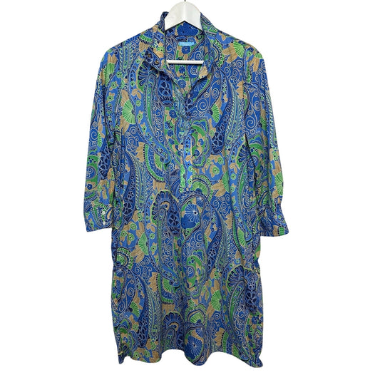 J.Mclaughlin Berlin Midi Dress Shirt Blue Green Paisley Cotton Pop Over Shift S