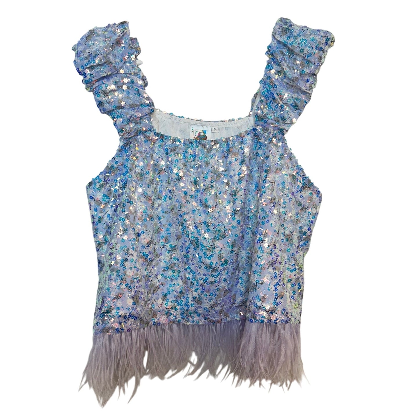 Queen of Sparkles Floral Sequin Feather Tank Purple Top Flower Glitter Medium