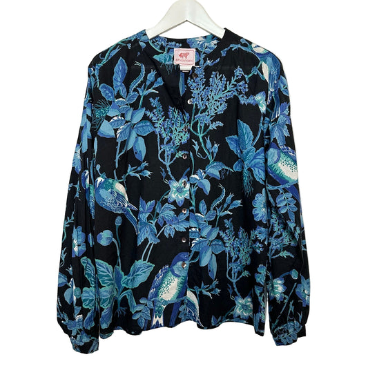 Banjanan Ella Shirt Woden Hedgerow Floral Bird Blouse Long Sleeve Blue Medium