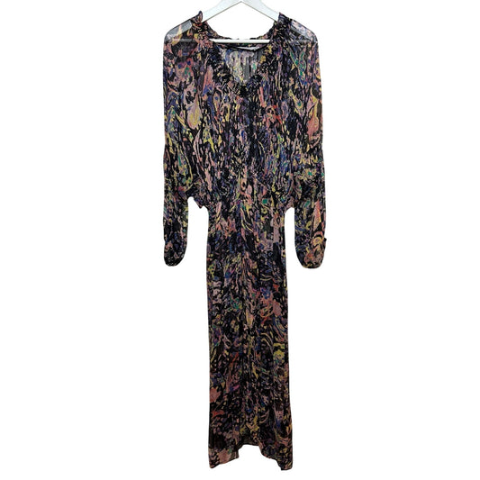 IRO Paris Ramona Dress Ruffle Trimmed Metallic Printed Chiffon Midi 40