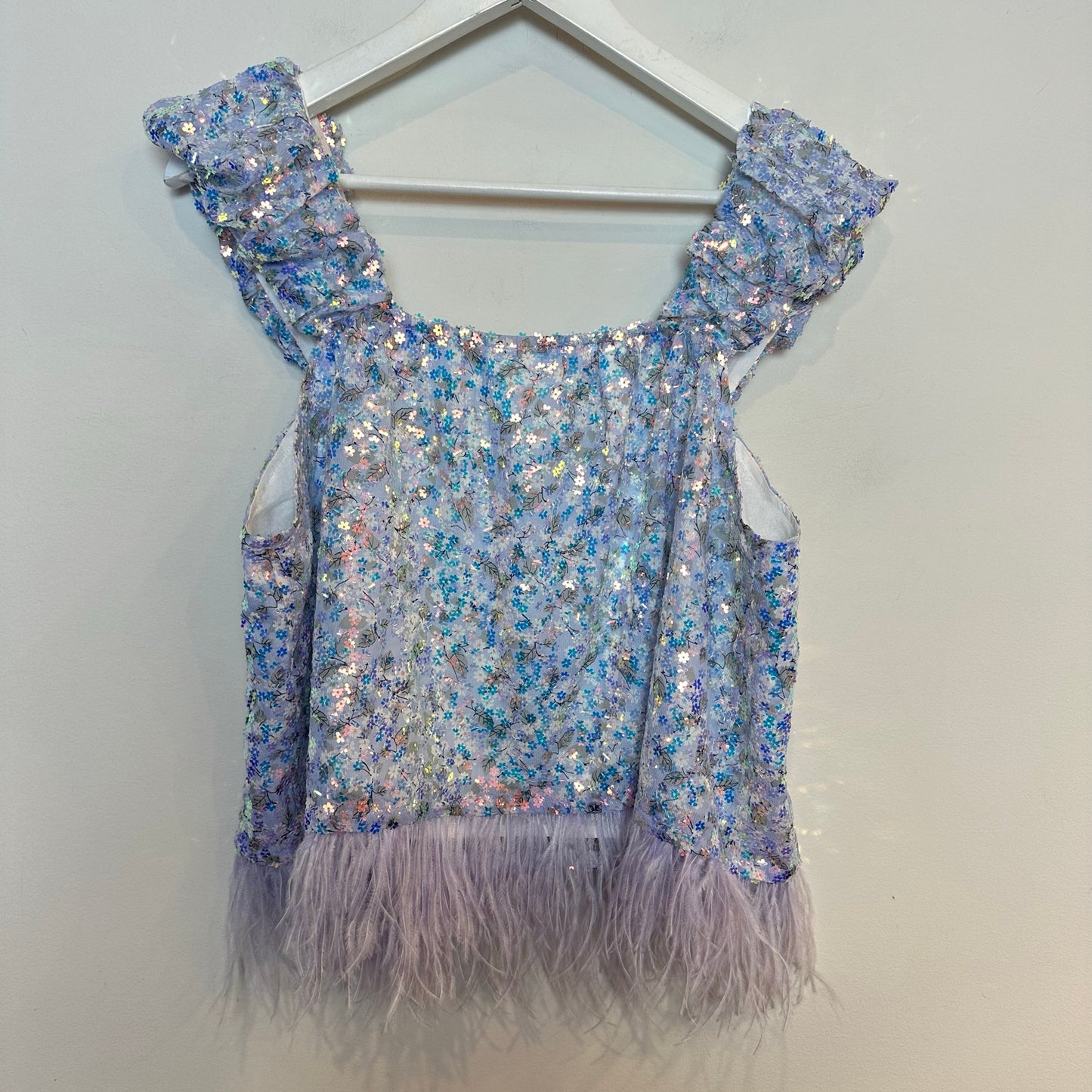 Queen of Sparkles Floral Sequin Feather Tank Purple Top Flower Glitter Medium
