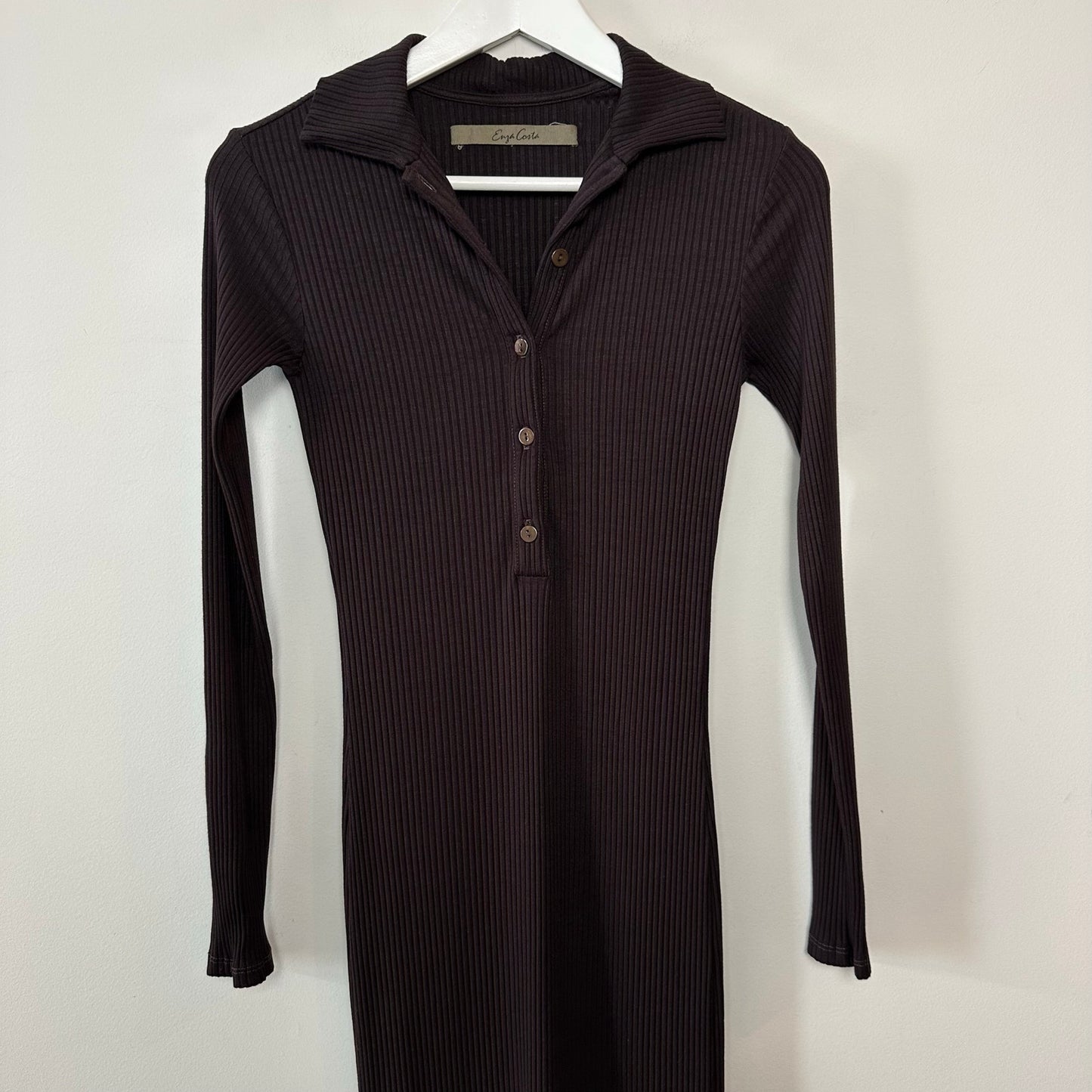 Enza Costa Ribbed Knit Polo DressCollared Mini Long Sleeve Brown Bodycon XS