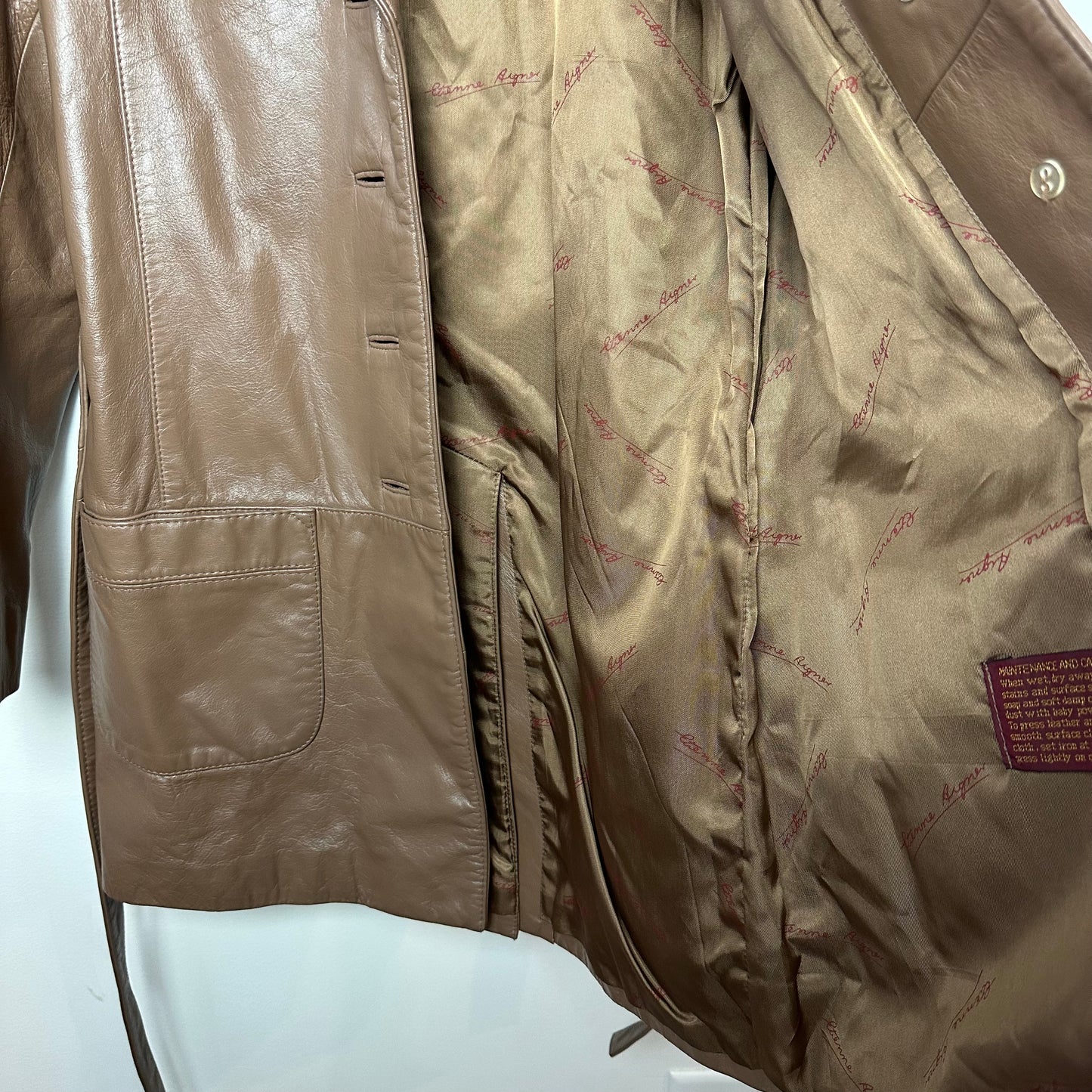 Vintage 70s Etienne Aigner Brown Leather Jacket Coat Tie Waist Belt 8
