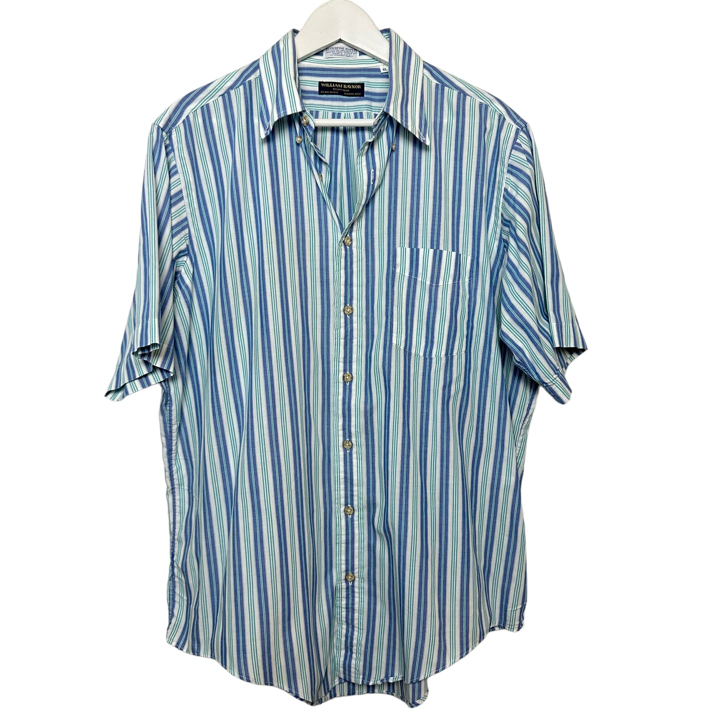 Vintage 90s William Raynor Striped Short Sleeve Button Down Blue Made in the USA XL