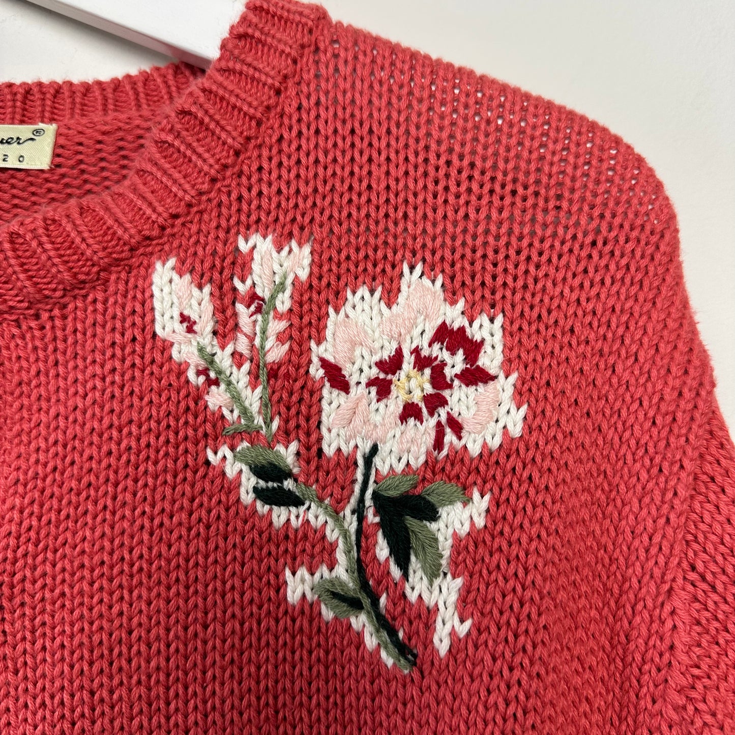 Eddie Bauer Chunky Knit Cardigan Sweater Floral Pink Coral Cotton Medium