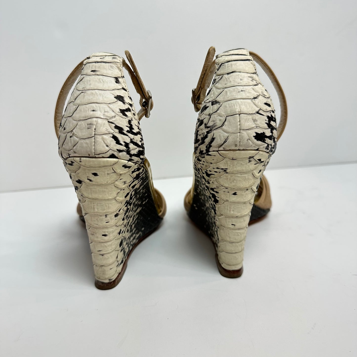 Loeffler Randall Allegra Twist Leather Snake Wedge Sandals Heels Nude Beige 6.5