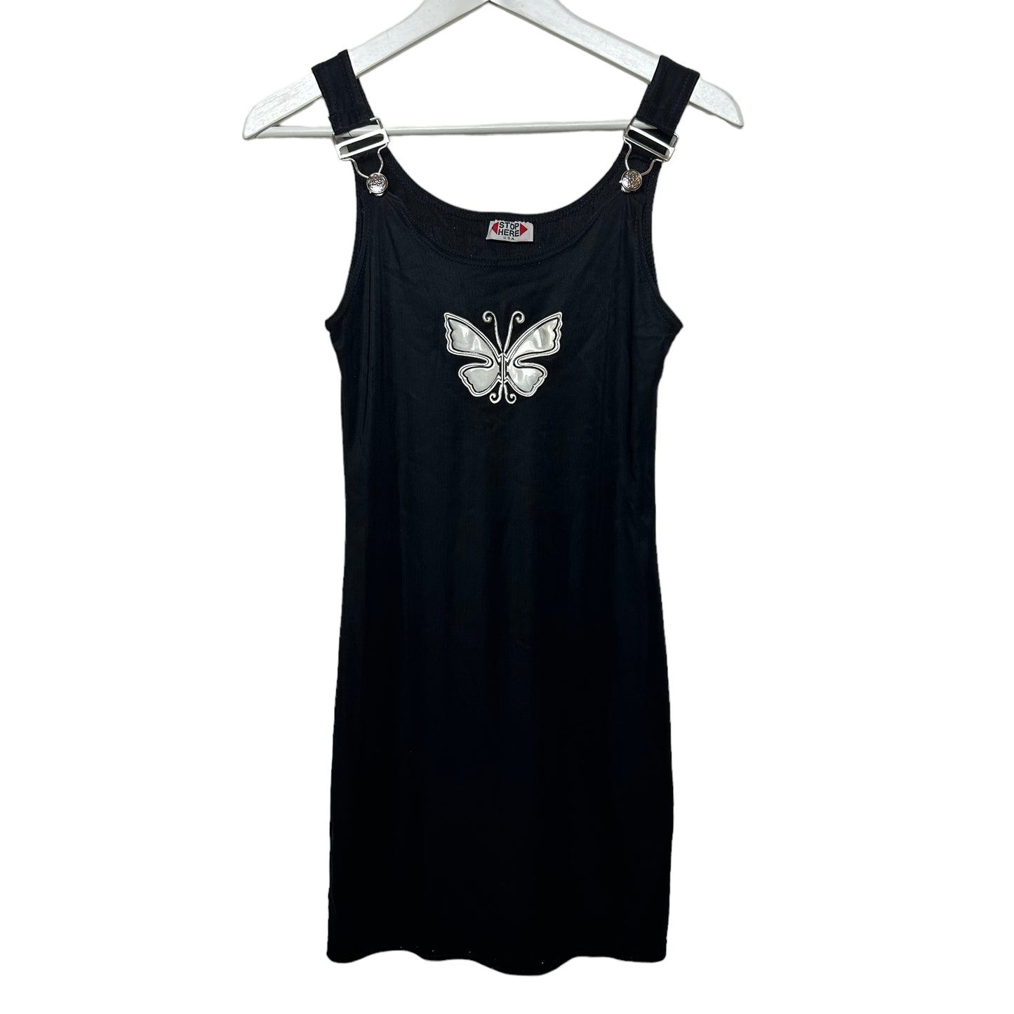 Vintage 90s Stop Here Butterfly Dress Overalls Black