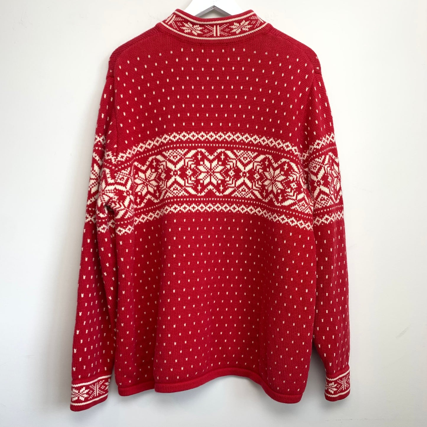 90s Lands' End Red Chunky Knit Sweater Fair Isle Nordic Cotton Half Zip Pullover Size XL